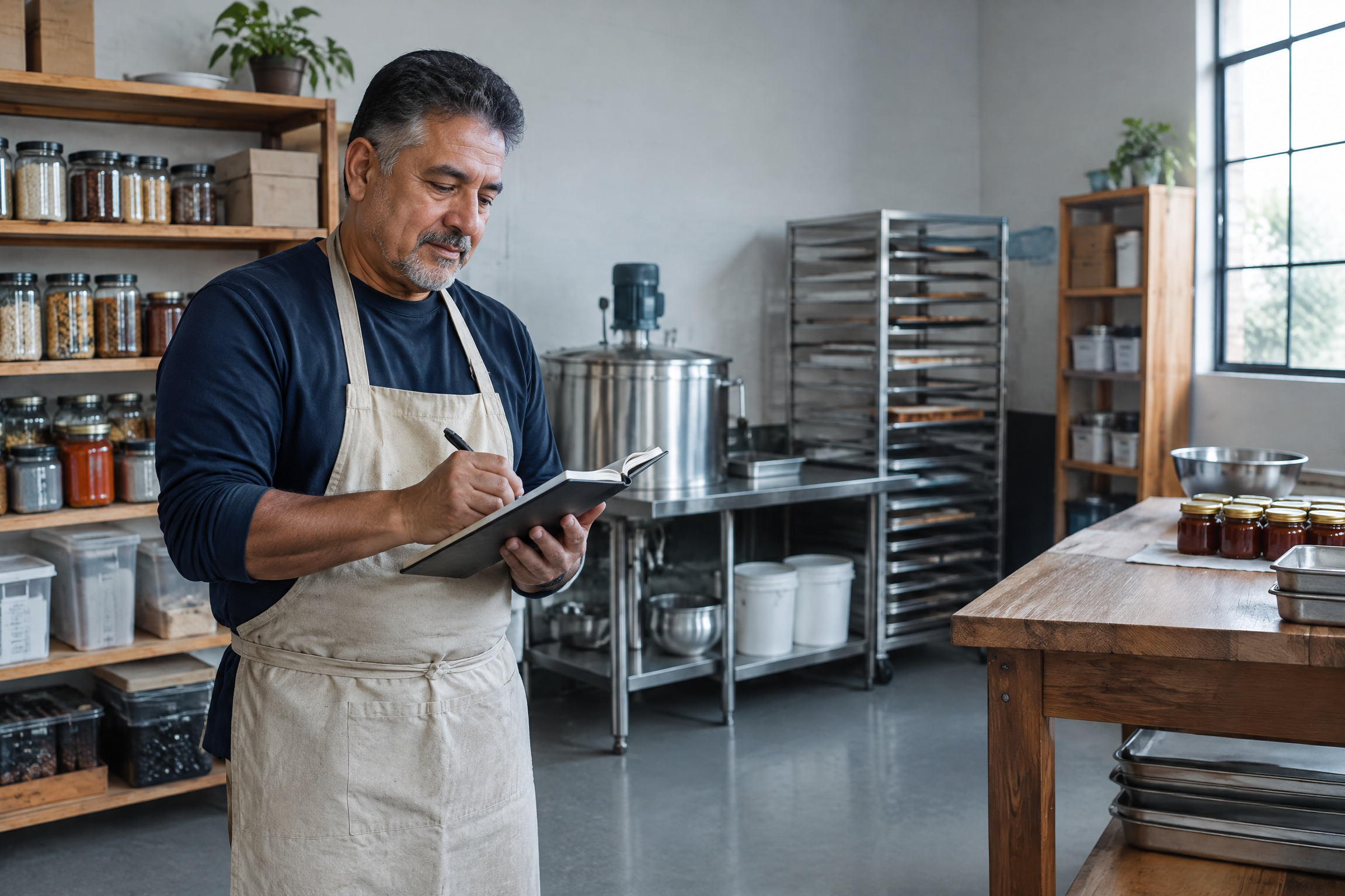 Illustrative small-business owner recording inventory near organized food-production equipment.