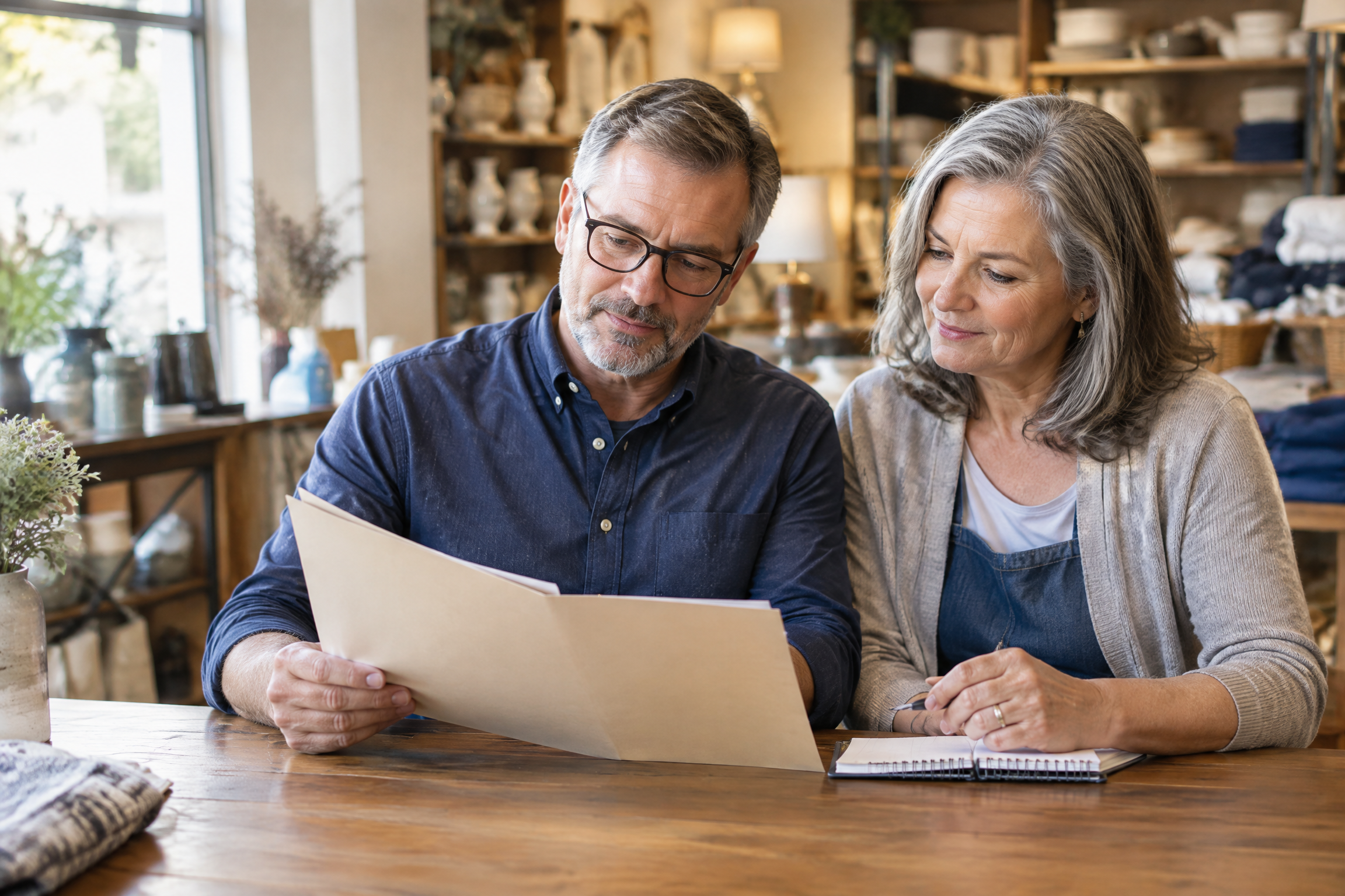 Illustrative small-business-owner couple reviewing a plain folder together at their store counter.