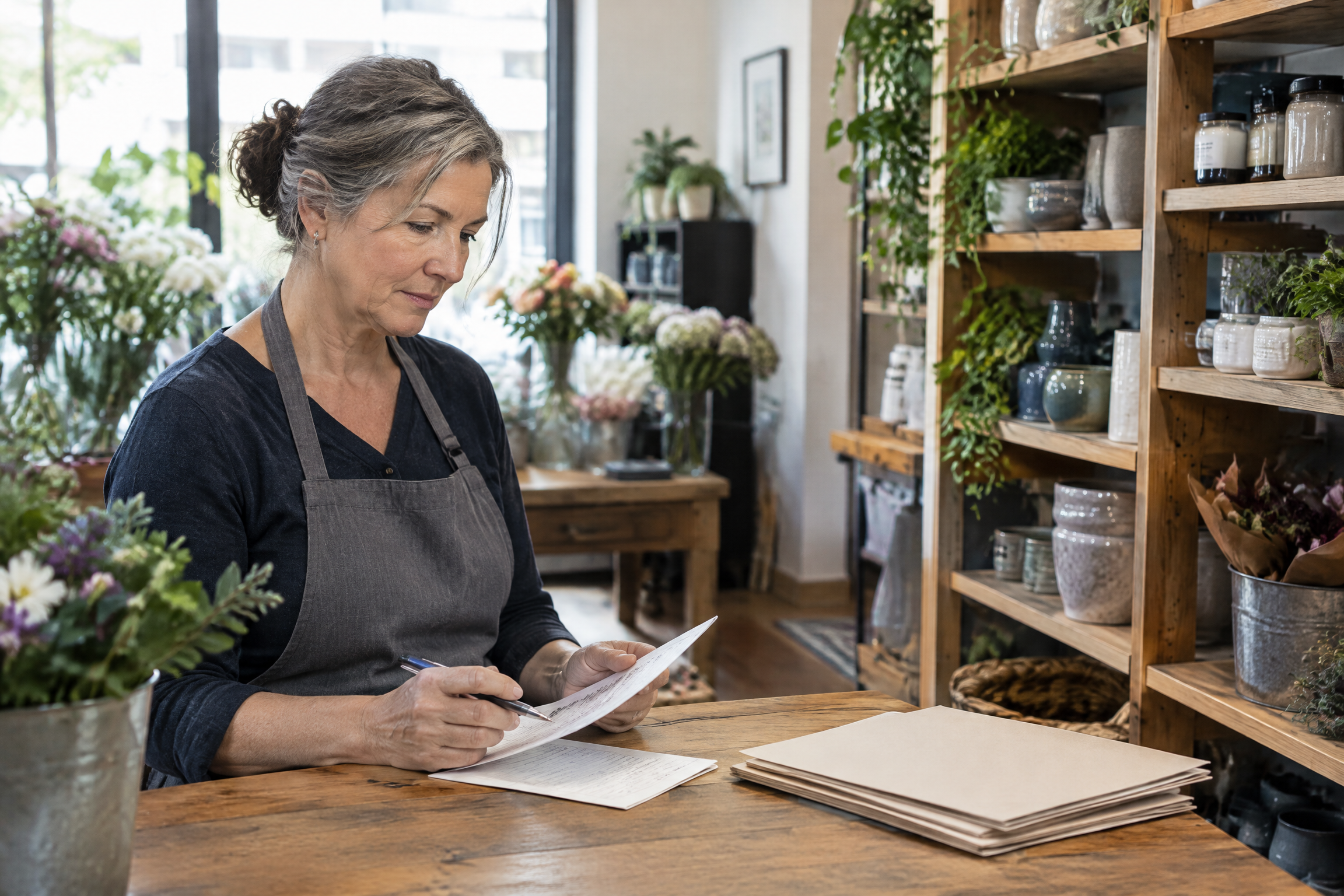 Illustrative small-business owner checking a simple inventory list in a floral retail workspace.
