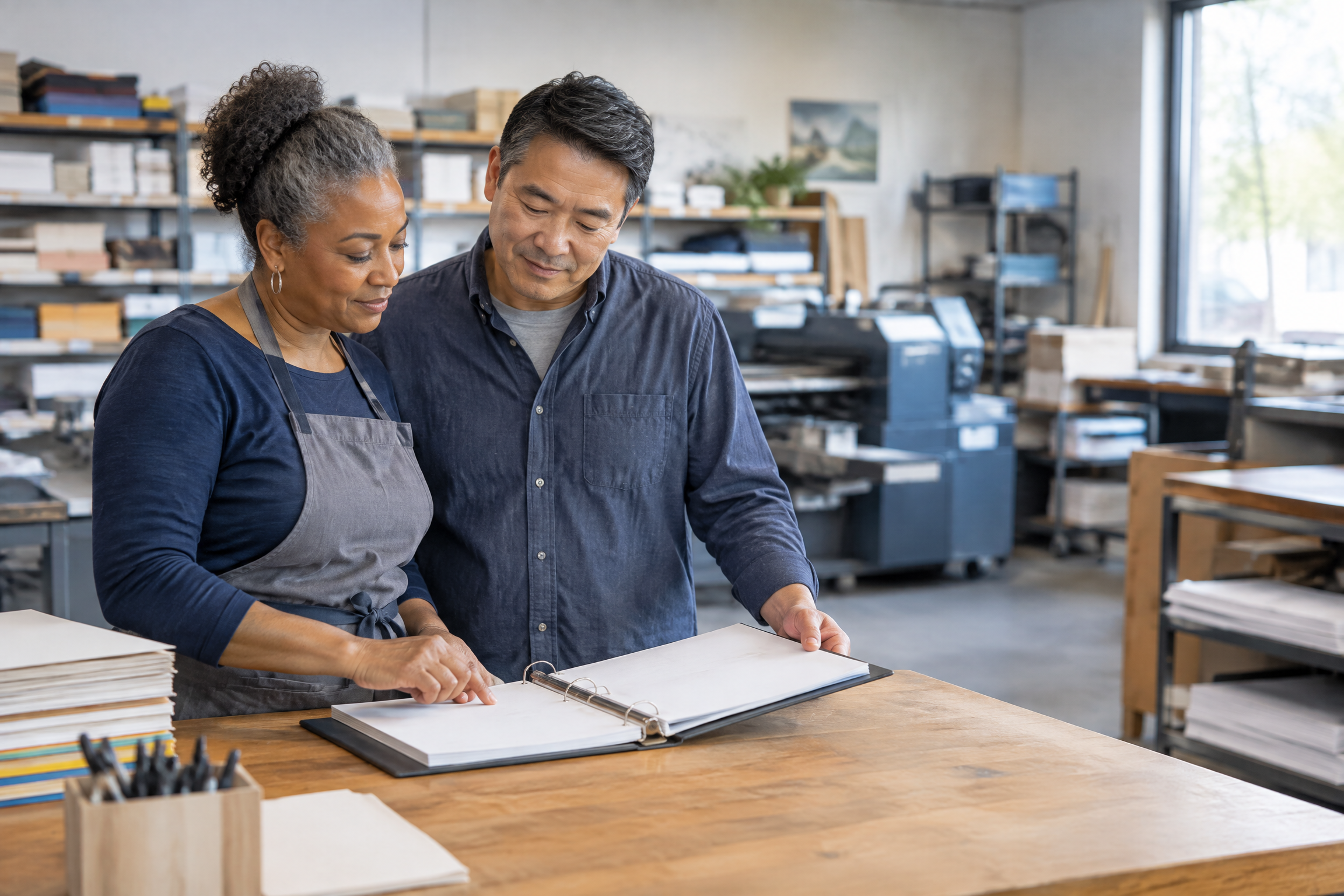 Illustrative small-business co-owners reviewing a binder together in a print-shop workspace.