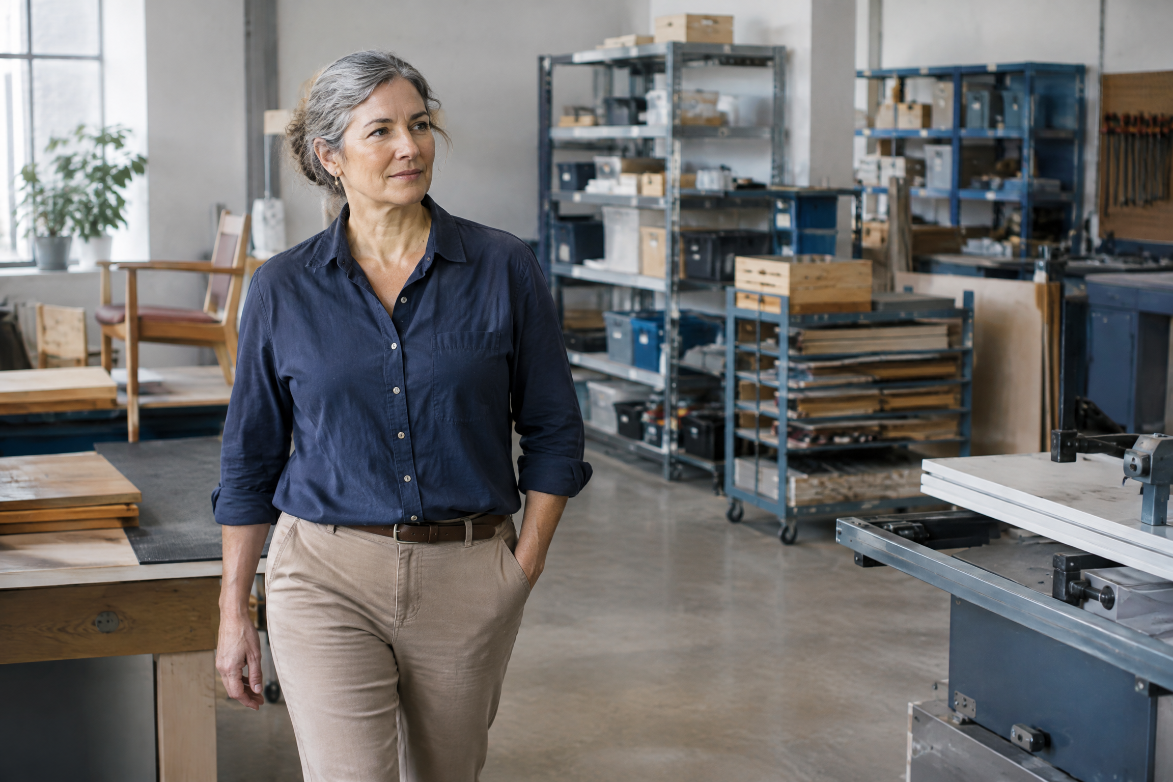 Illustrative small-business owner standing among organized workshop equipment and storage shelves.