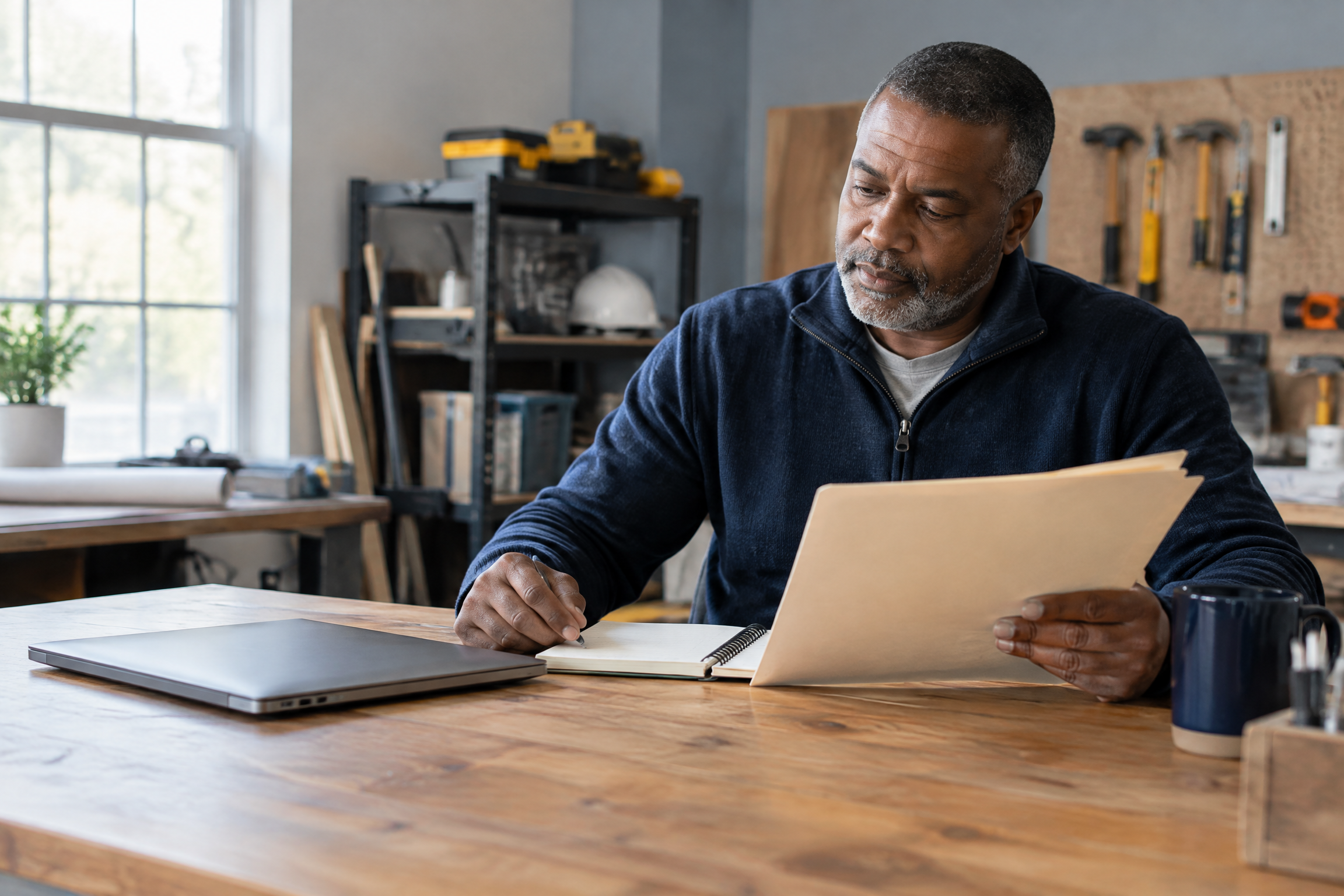 Illustrative small-business owner reviewing a folder and notebook at a workshop table.